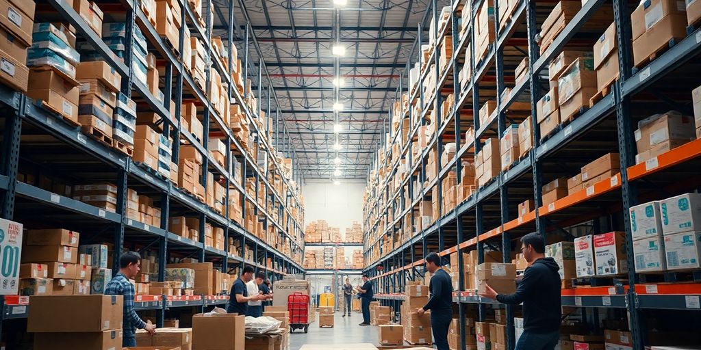 E-commerce warehouse with workers packing products for shipping.