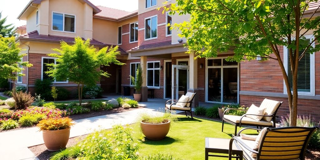 Casa de repouso com jardim e área ao ar livre.