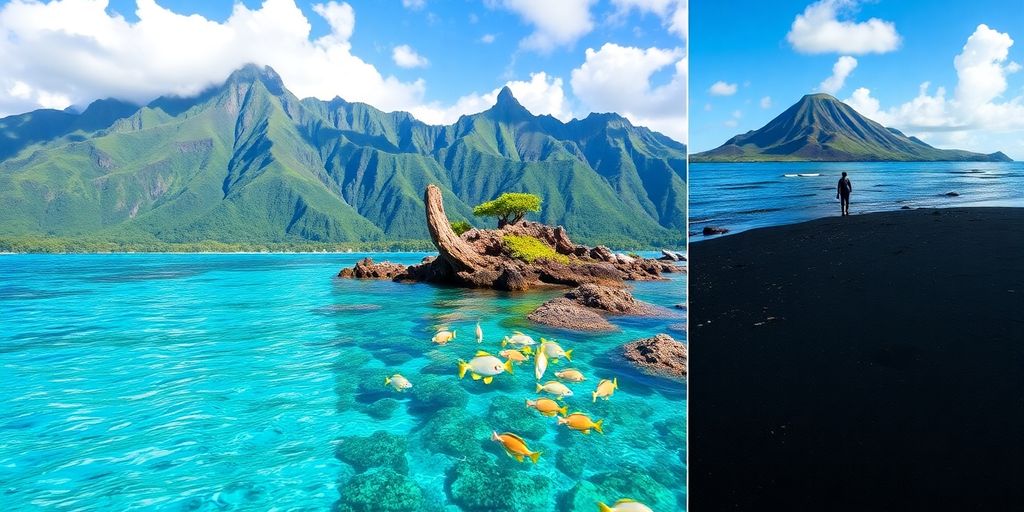Tropical islands and clear blue waters.