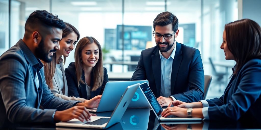 Team collaborating on data security in a modern office.