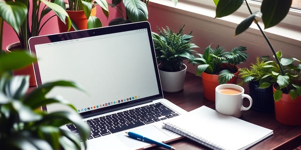 A cozy workspace with a laptop and coffee.