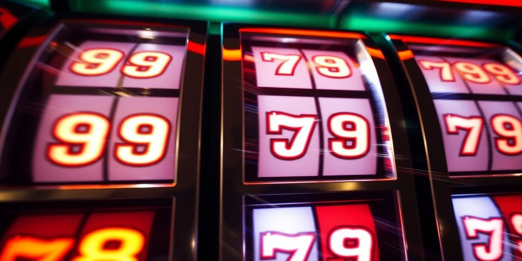 Slot machine reels spinning with glowing numbers.