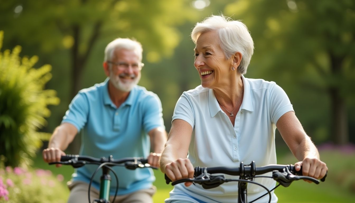 Elderly couple cycling in a park, enjoying their workout.