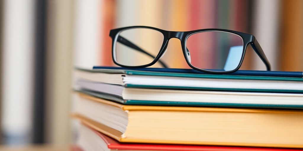 Pilhas de livros didáticos com óculos em cima.