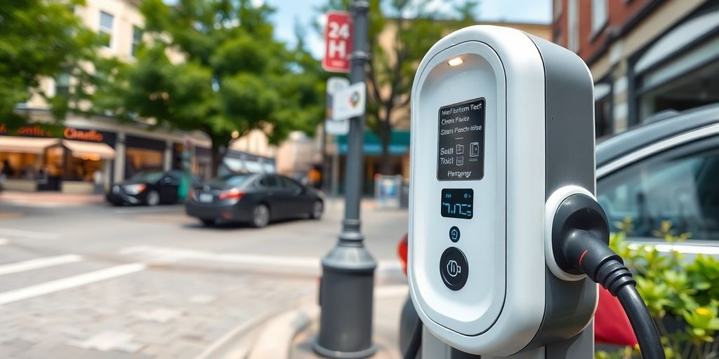 Electric vehicle charging station in a small city setting.