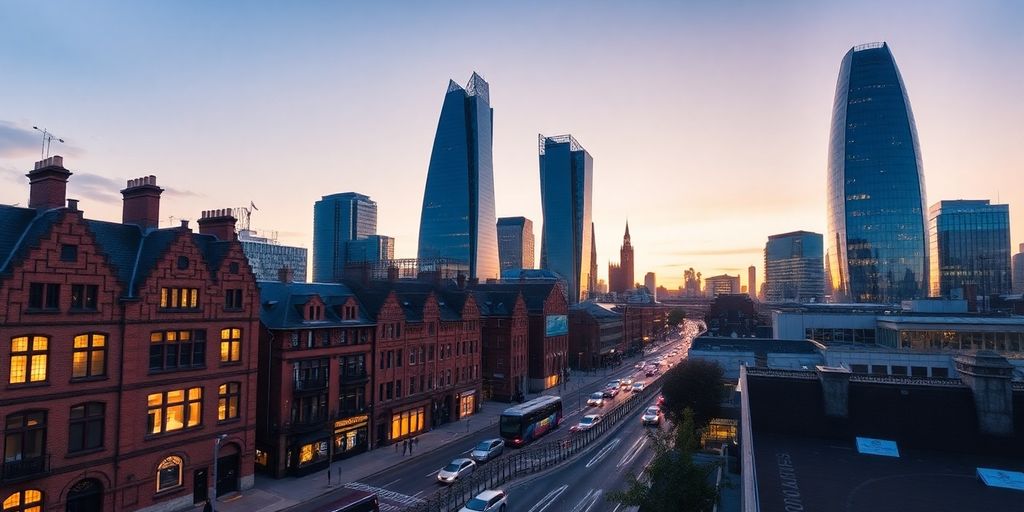 UK city skyline with historic and modern buildings.