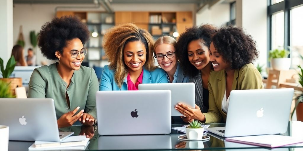 Diverse women collaborating in a modern workspace.