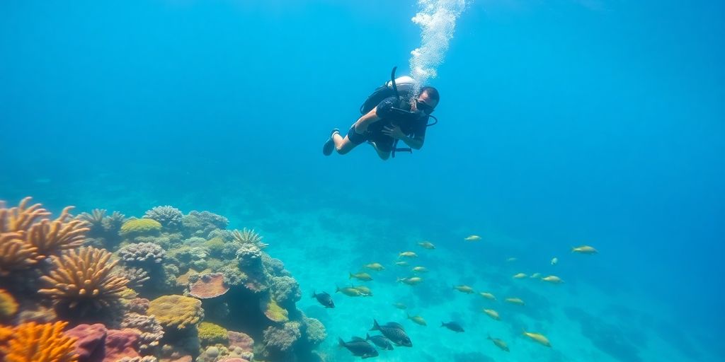 Divers explore vibrant coral reefs teeming with marine life.