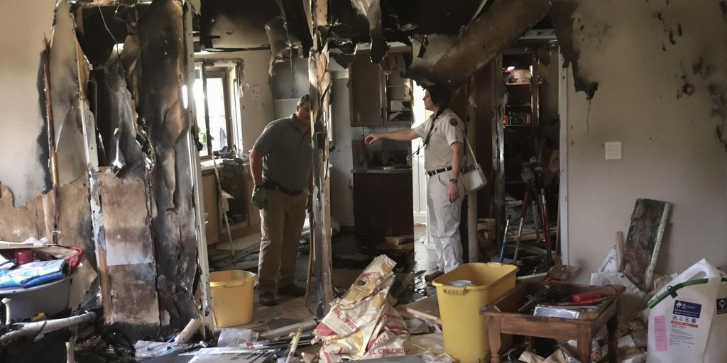 Homeowner assessing fire damage in a living room.