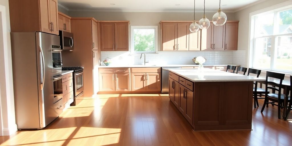 Remodeled kitchen interior, modern design, clean lines.