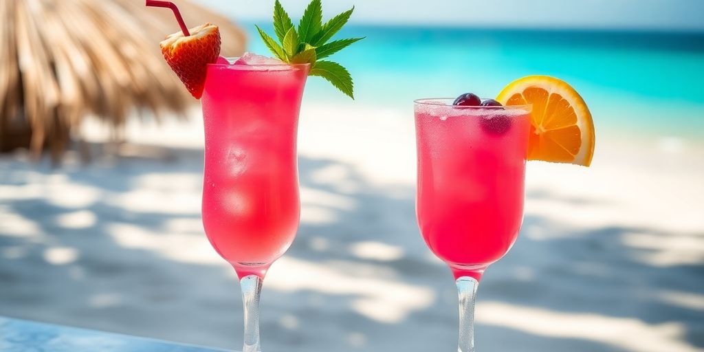 Bright pink cocktail with fruit on a beach backdrop.