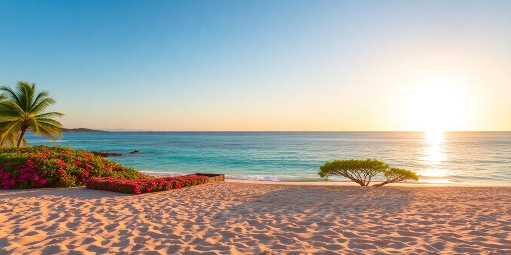 Beautiful beach at Hacienda Beach Club Cabo with sunset.