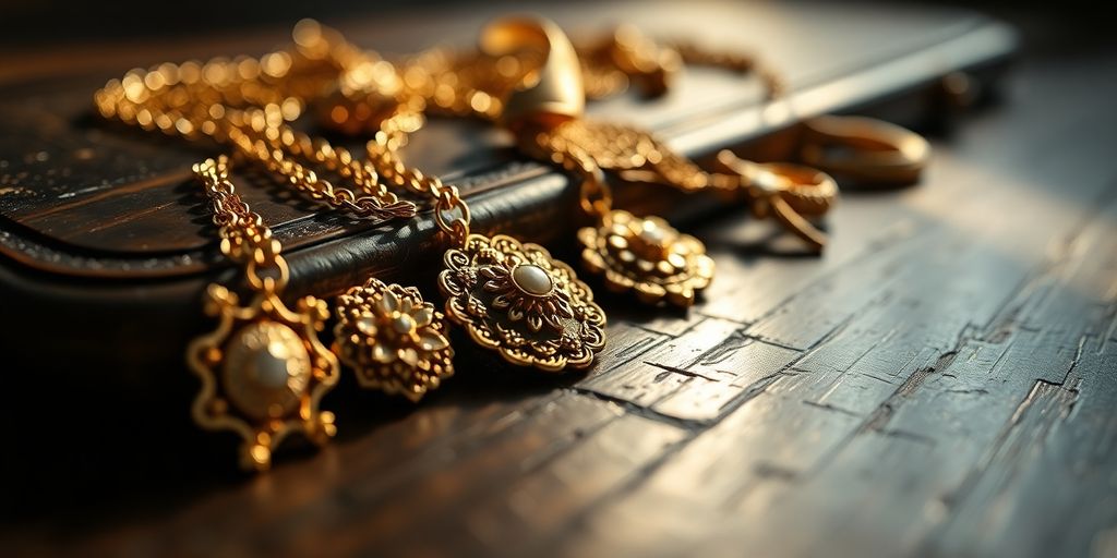 Bijoux en or sur une surface en bois ancien.