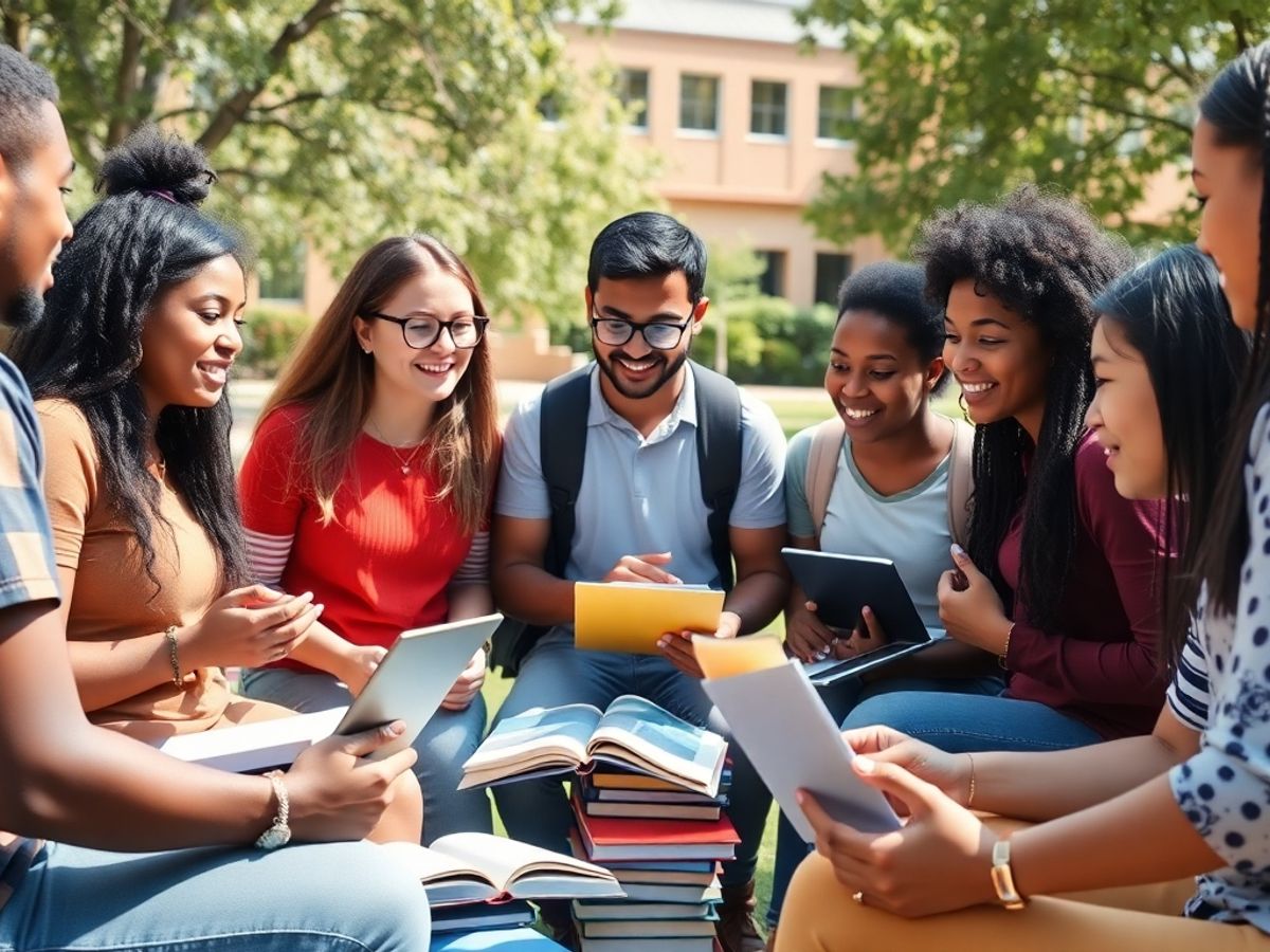 Diverse students discussing scholarships in an outdoor setting.