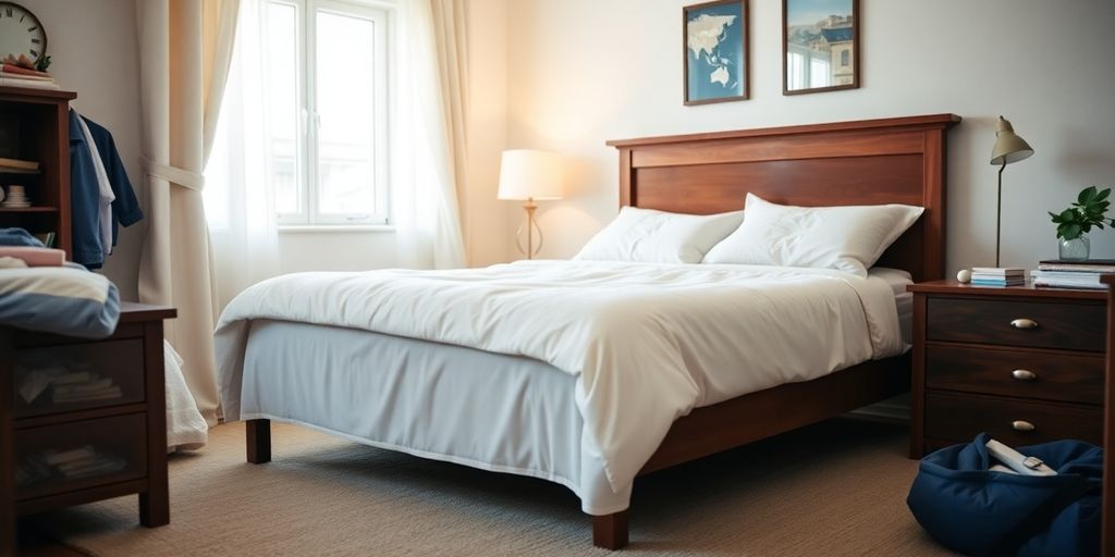 Clean bedroom with bed bug prevention measures in place.