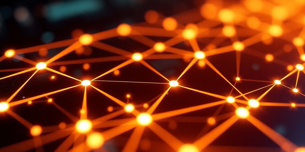 Close-up of a digital blockchain interface with nodes.