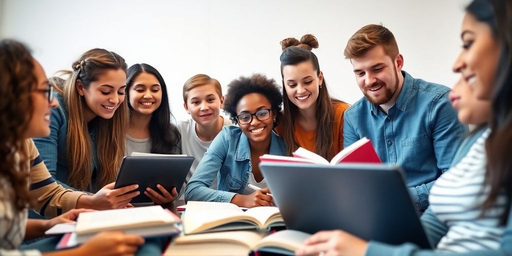 Students collaborating in a bright classroom setting.