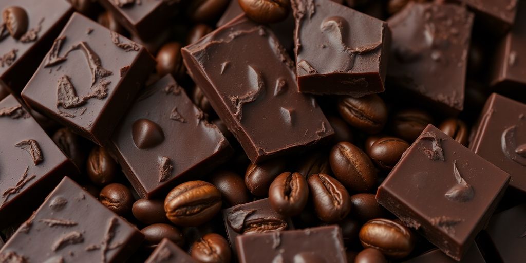 Rich dark chocolate pieces with scattered cocoa beans.