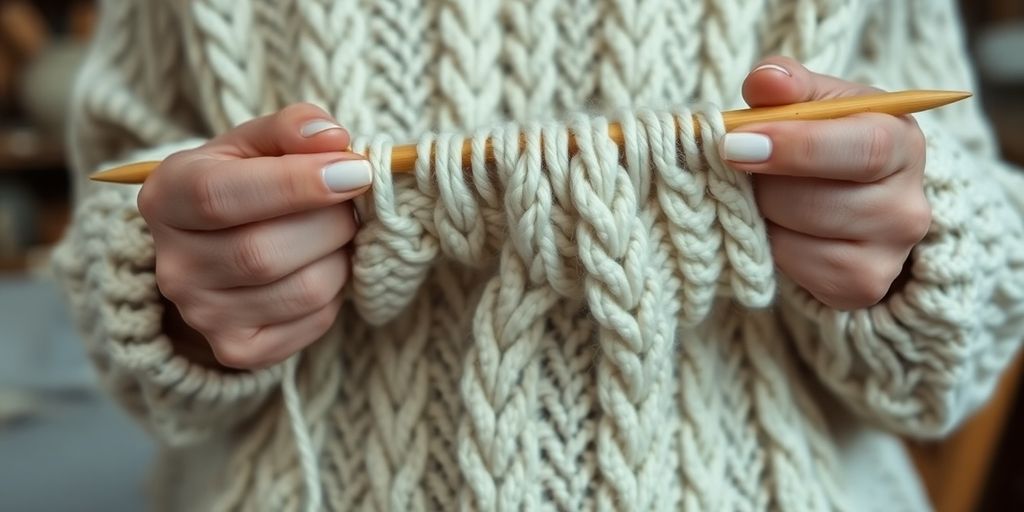 Irish knitter's hands with yarn and needles.