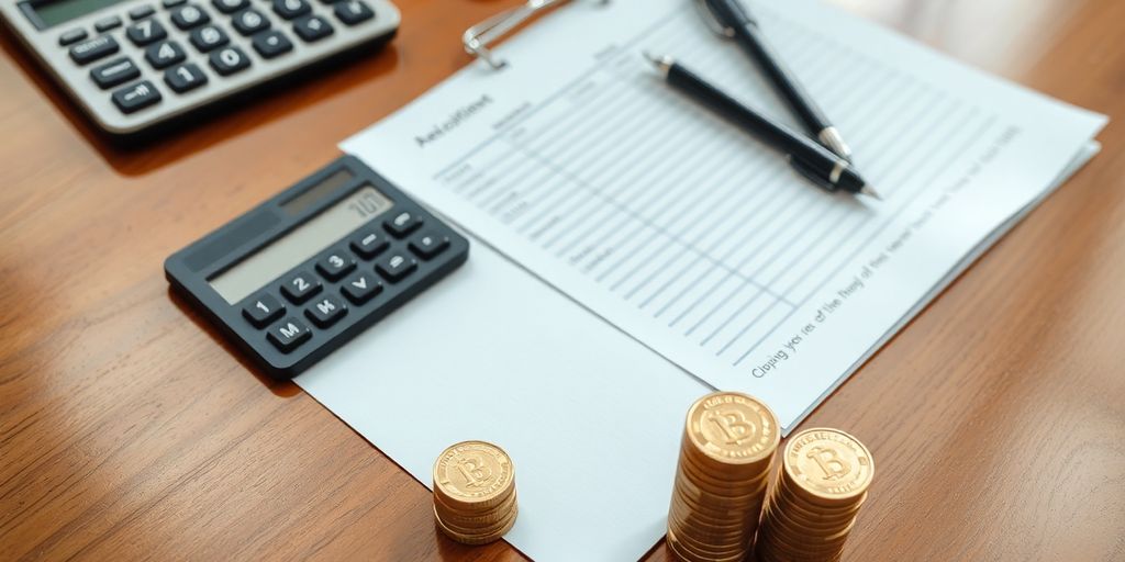 Calculator, ledger, and neatly stacked coins.