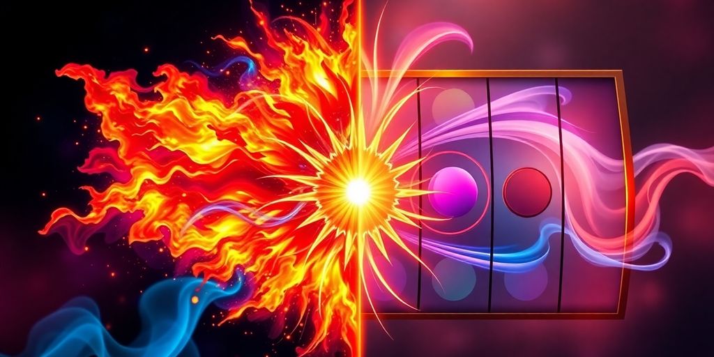 Two slot machine reels, one fiery, one calm.