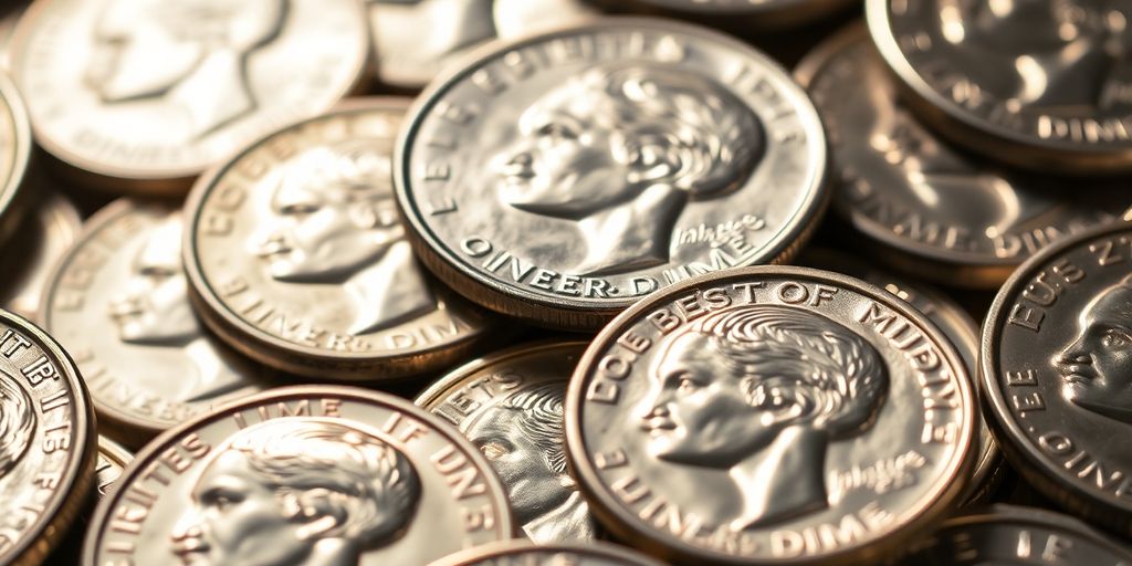 Gleaming Mercury dimes arranged artfully, highlighting their intricate designs.