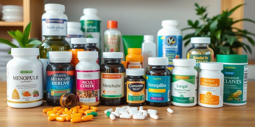 Diversos suplementos para menopausa em uma mesa de madeira.
