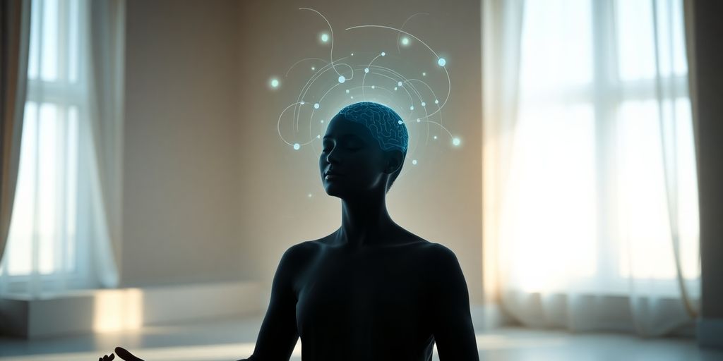 Person meditating with energy waves around their head.
