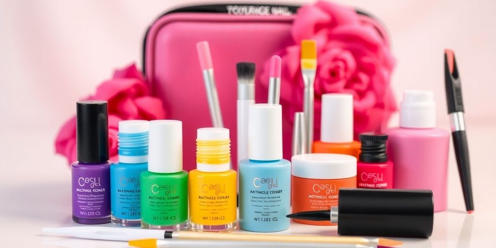 Kit de unhas de gel colorido e ferramentas de manicure.