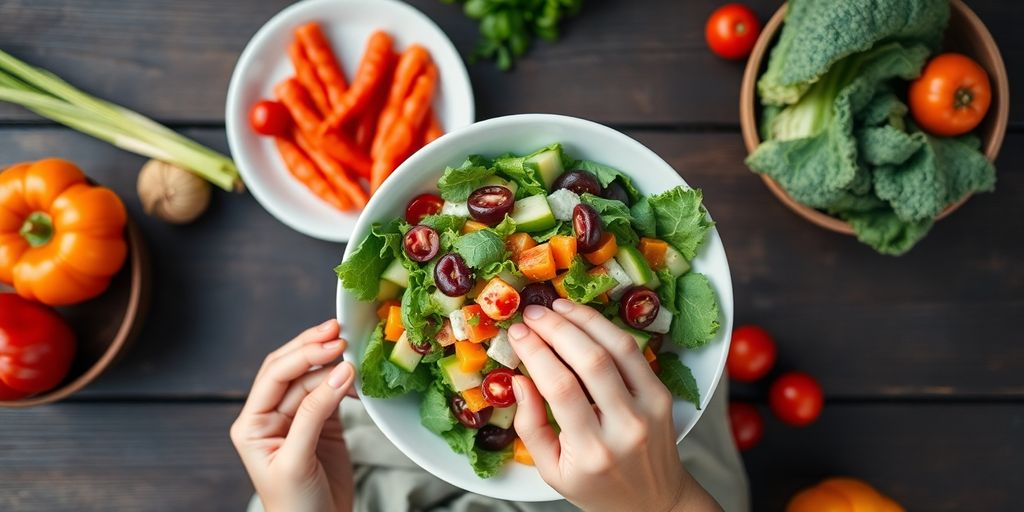 Woman enjoying a healthy meal with fresh ingredients.