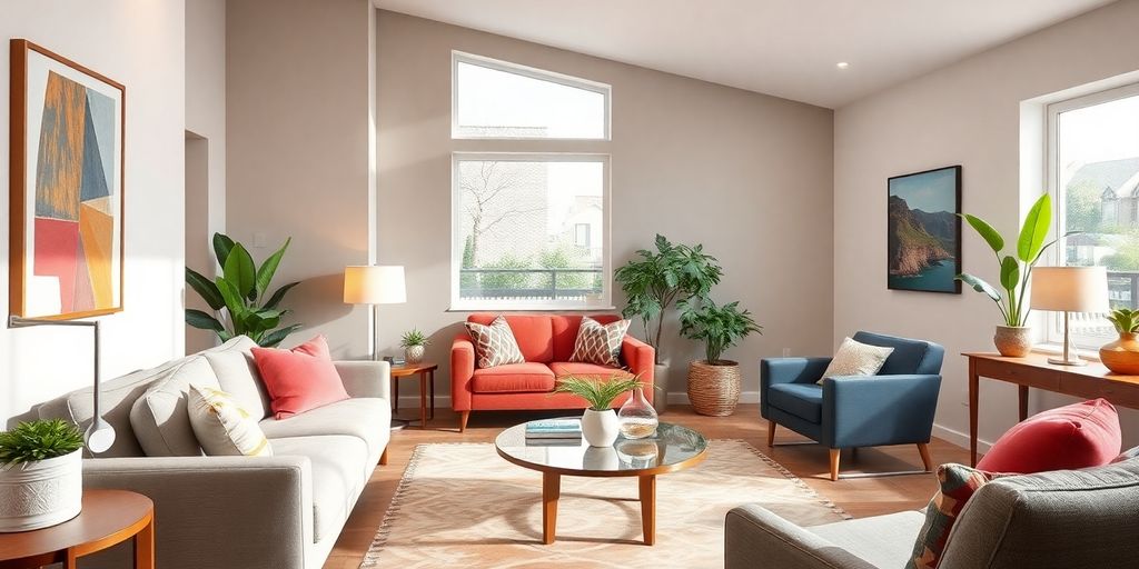 Modern living room with stylish furniture and bright decor.