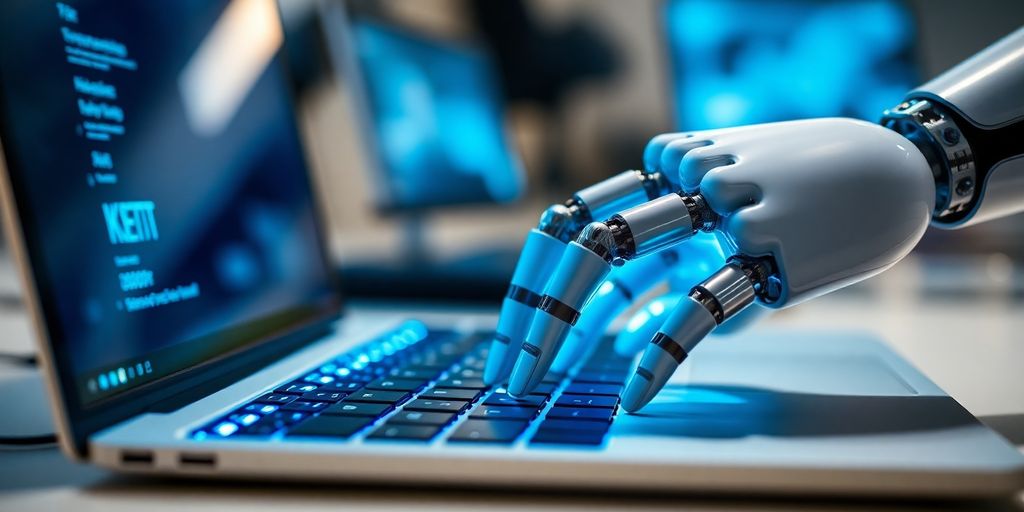 Robô programa em notebook com luz azul.