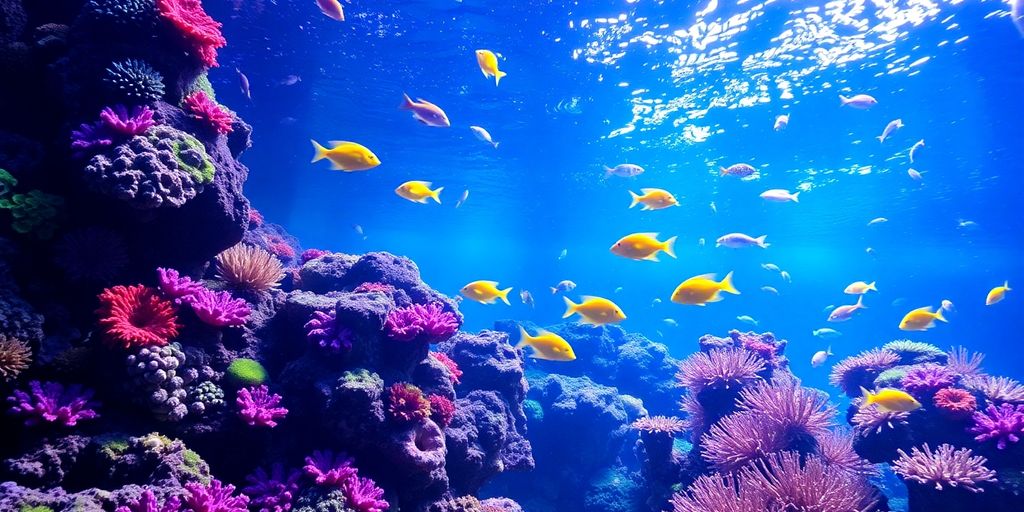 Arrecife de coral colorido con peces y luces de acuario.