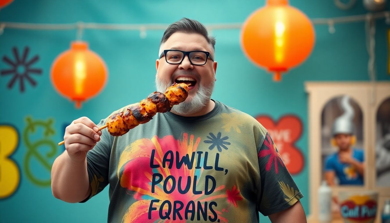 A stout man in a funny t-shirt eating kebab.