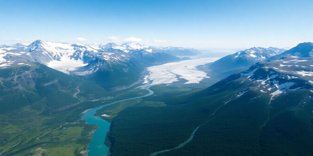 A helicopter flies over vast, snow-capped Alaskan mountains.