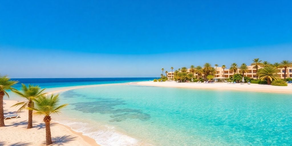 All-inclusive Tunisian resort with turquoise water and palm trees.
