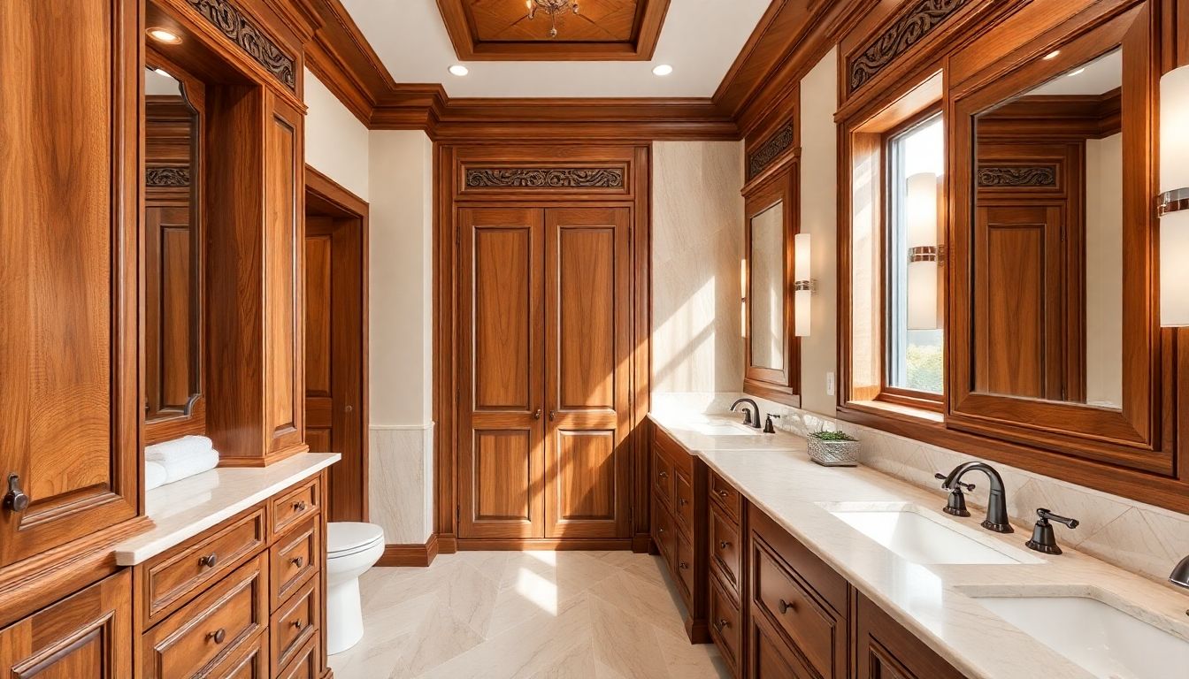Luxurious bathroom with custom woodwork and elegant cabinetry.