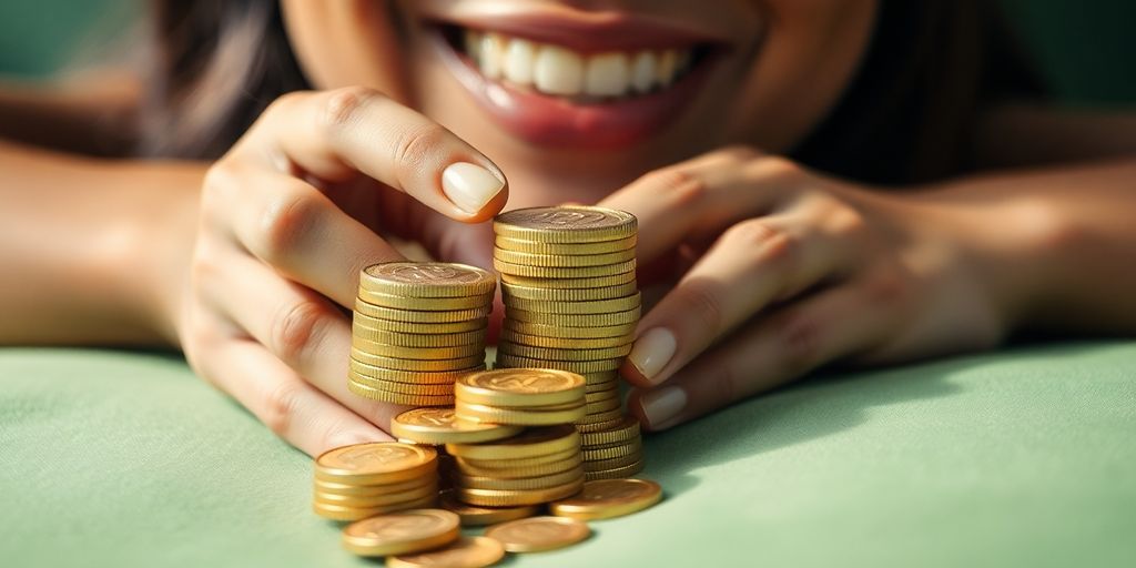 มือถือเหรียญทองเล่นพนันพร้อมรอยยิ้มอย่างมีความสุข