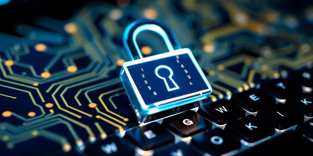 Close-up of a digital lock with circuit patterns.