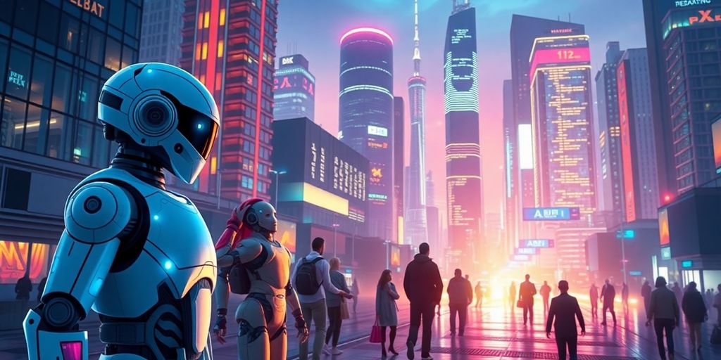 Futuristic city with robots and humans interacting.