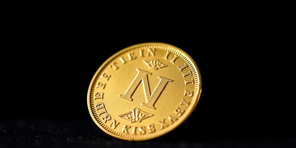 Une pièce en or Napoléon sur fond sombre.