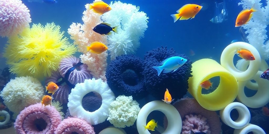 Aquarium filter media with colorful fish swimming around.
