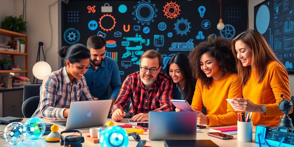 Innovators collaborating in a bright, modern workspace.