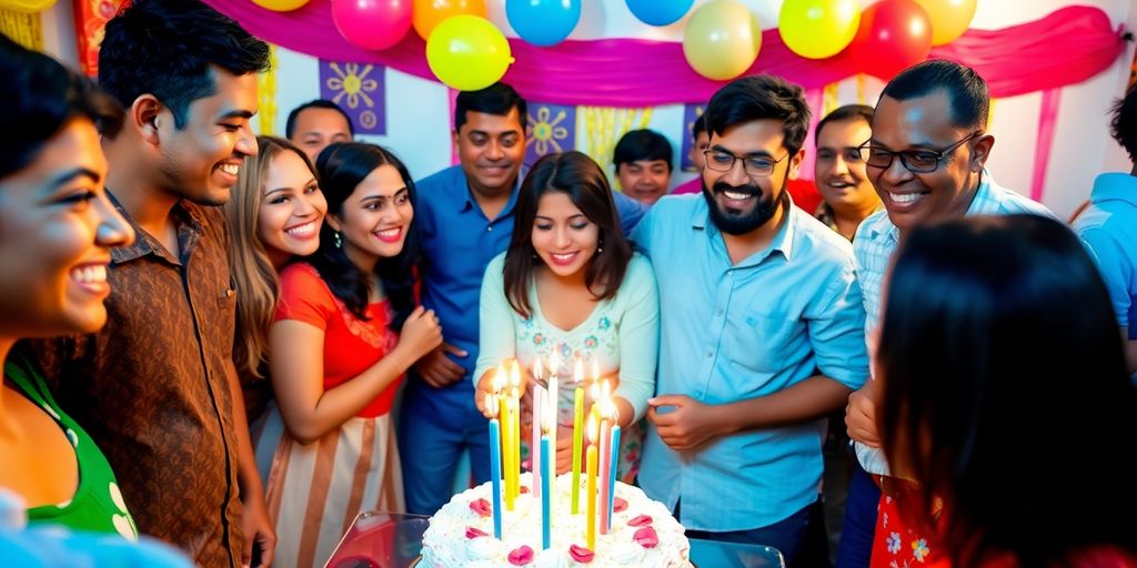 Group celebrating with balloons and cake at an event.