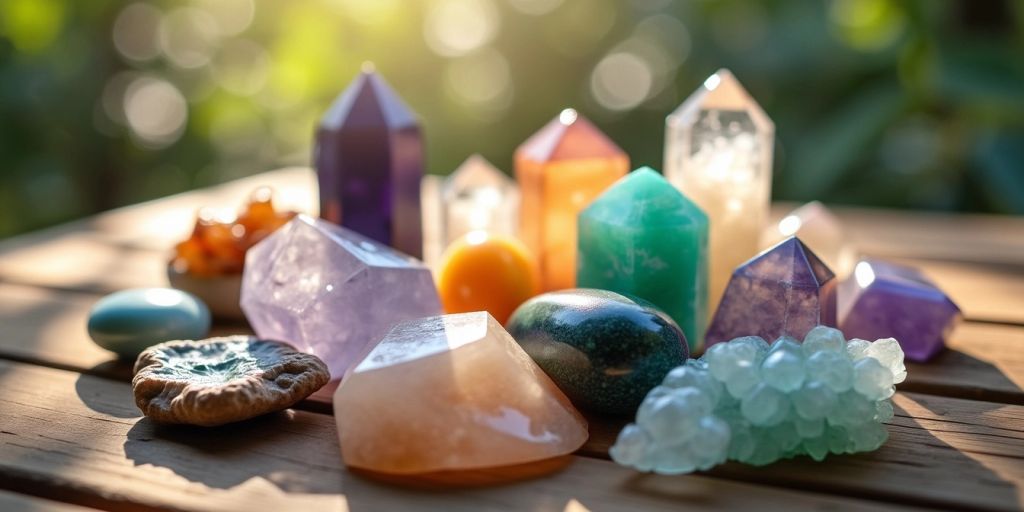 Cristalli terapeutici su un tavolo di legno