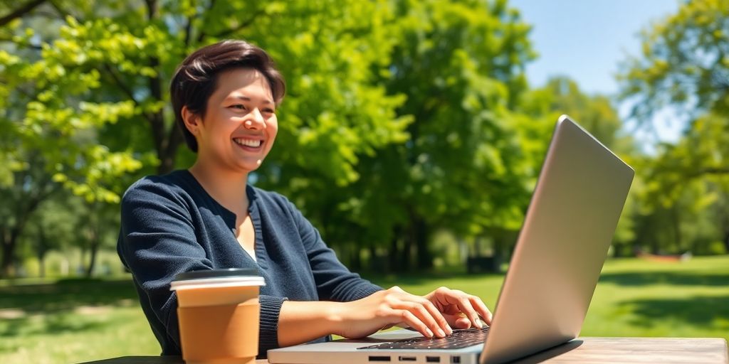 Blogger working on laptop outdoors, smiling.