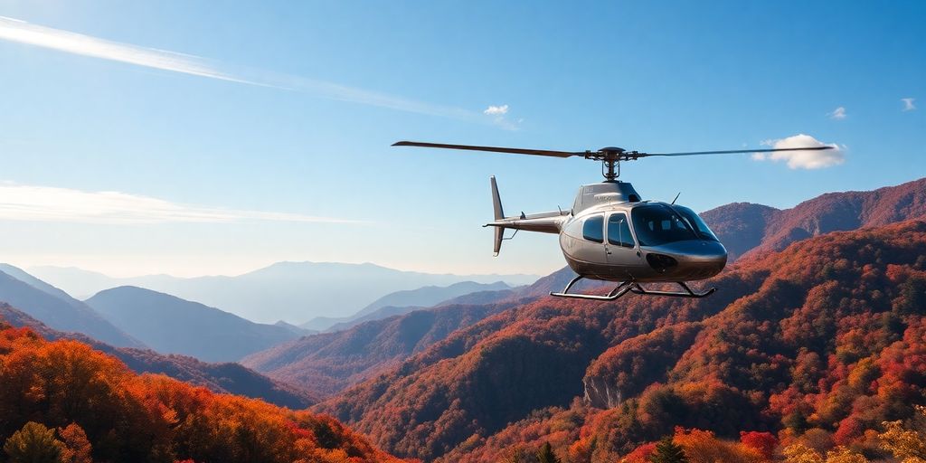 Helicopter flying over Smoky Mountains in autumn.