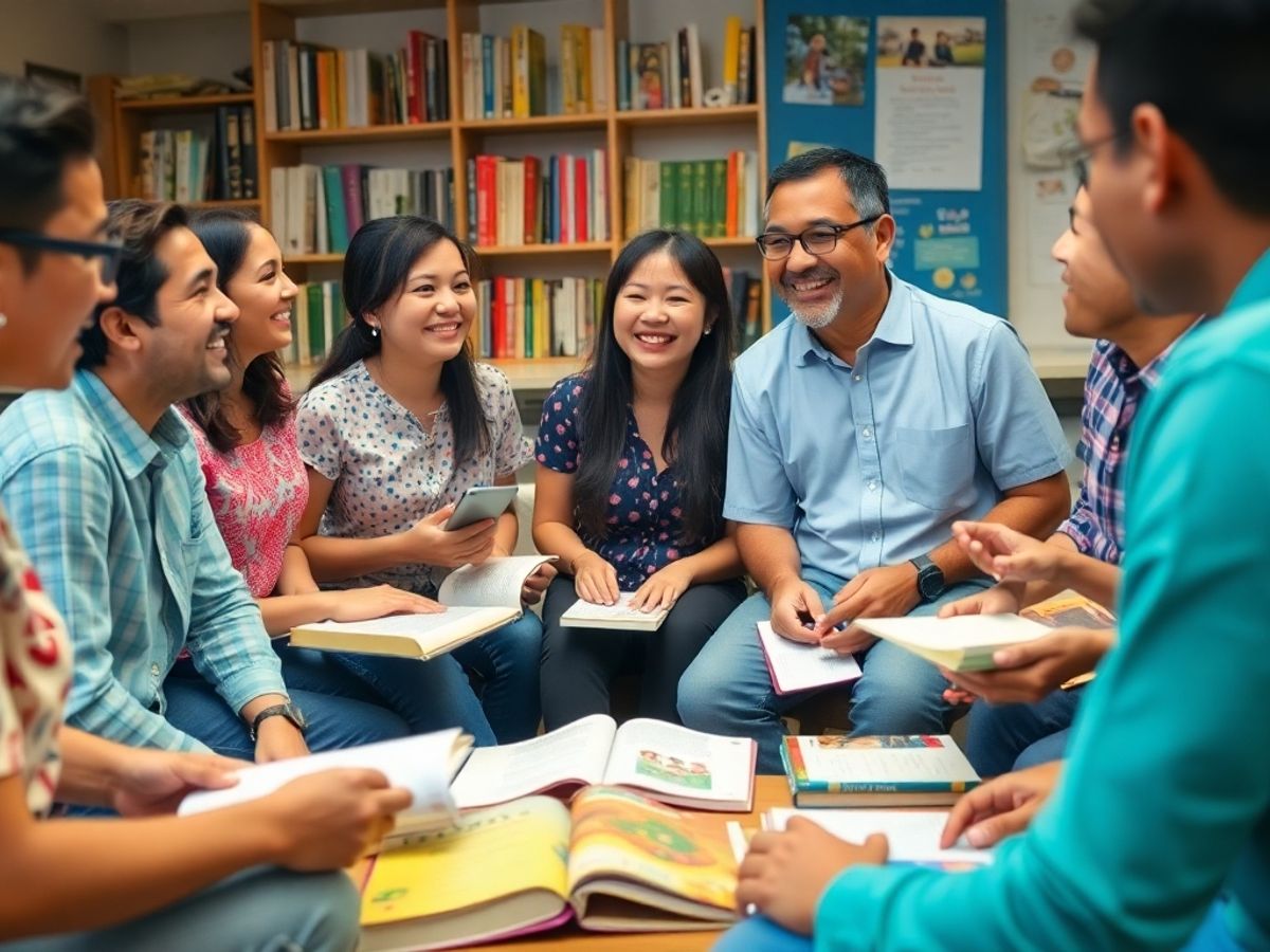 Diverse people engaged in conversation about language learning.