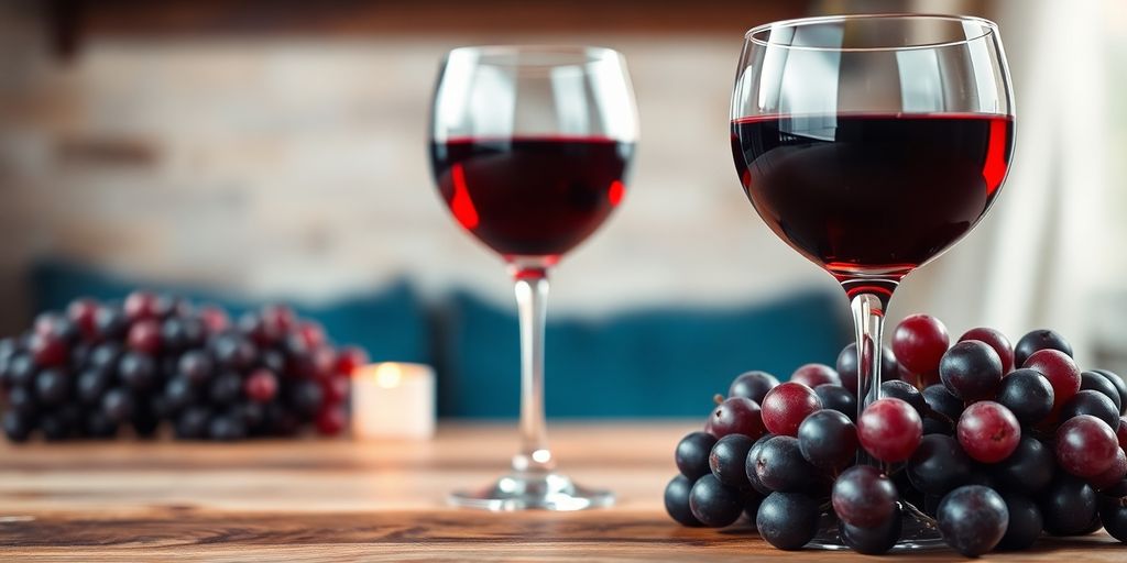 A glass of red wine with grapes on a table.