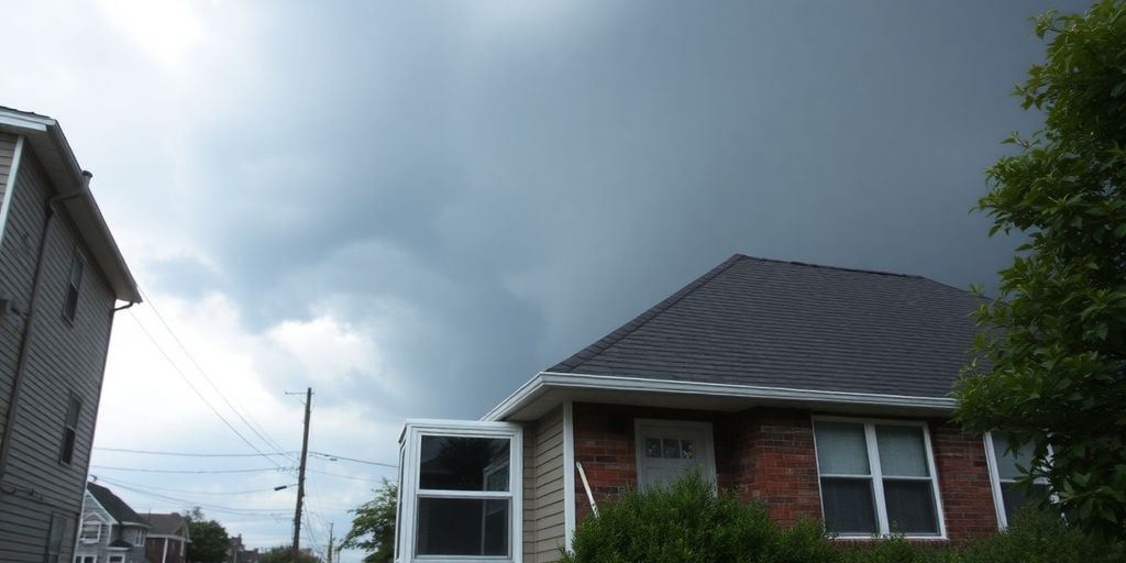 Jersey City home prepared for storms with dark clouds.